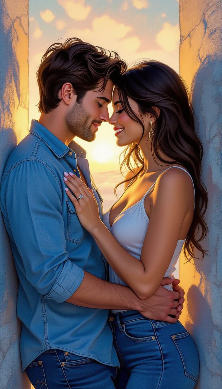 Intimate Couple in Blue Pencil Drawing Style