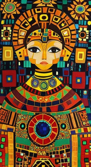 Robot Fairy with Marigolds in Aztec Mosaic Style