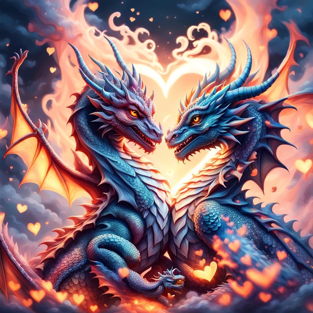 Cute Dragons Create Heart in Ethereal Digital Art