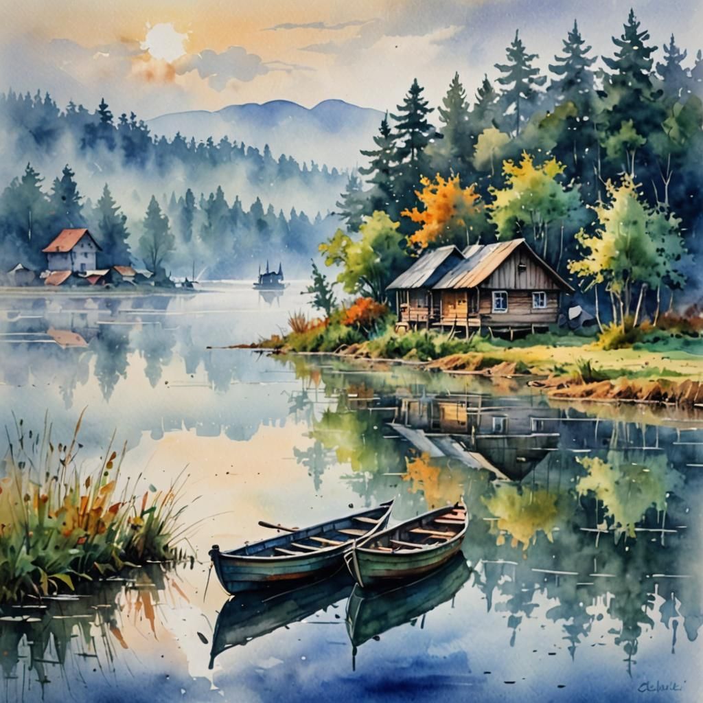 Misty Lake Village Watercolor Painting