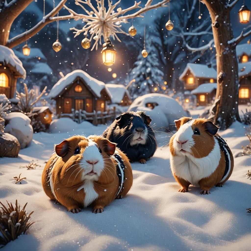 Guinea Pigs' Winter Wonderland: Whimsical Matte Painting