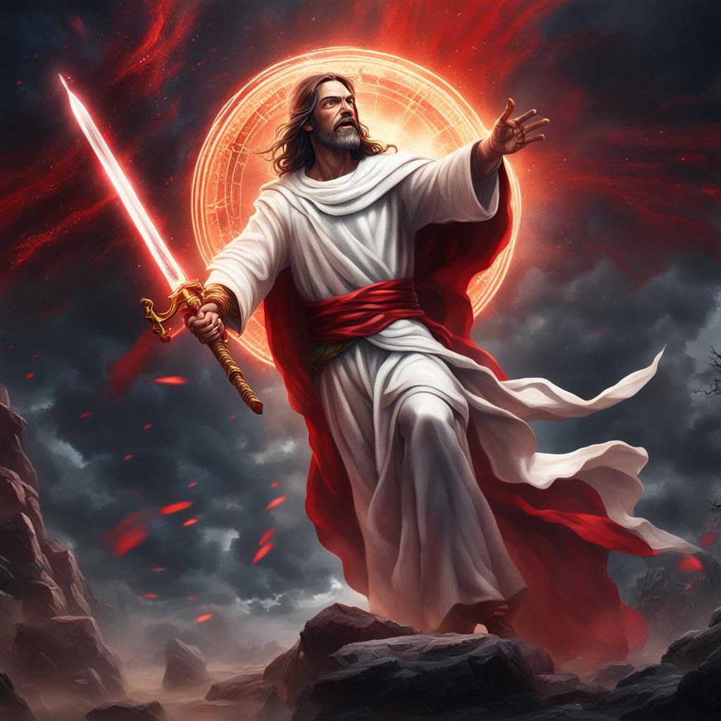 Jesus Christ Wielding a Red Sword: Fantasy Art