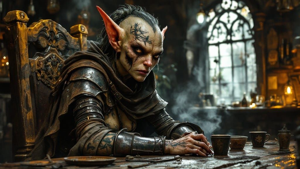 Dark Fantasy Goblin in a Medieval Tavern Scene