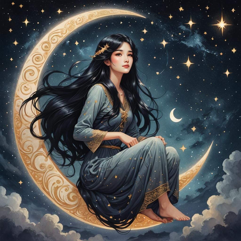 Woman on Crescent Moon in Starry Sky