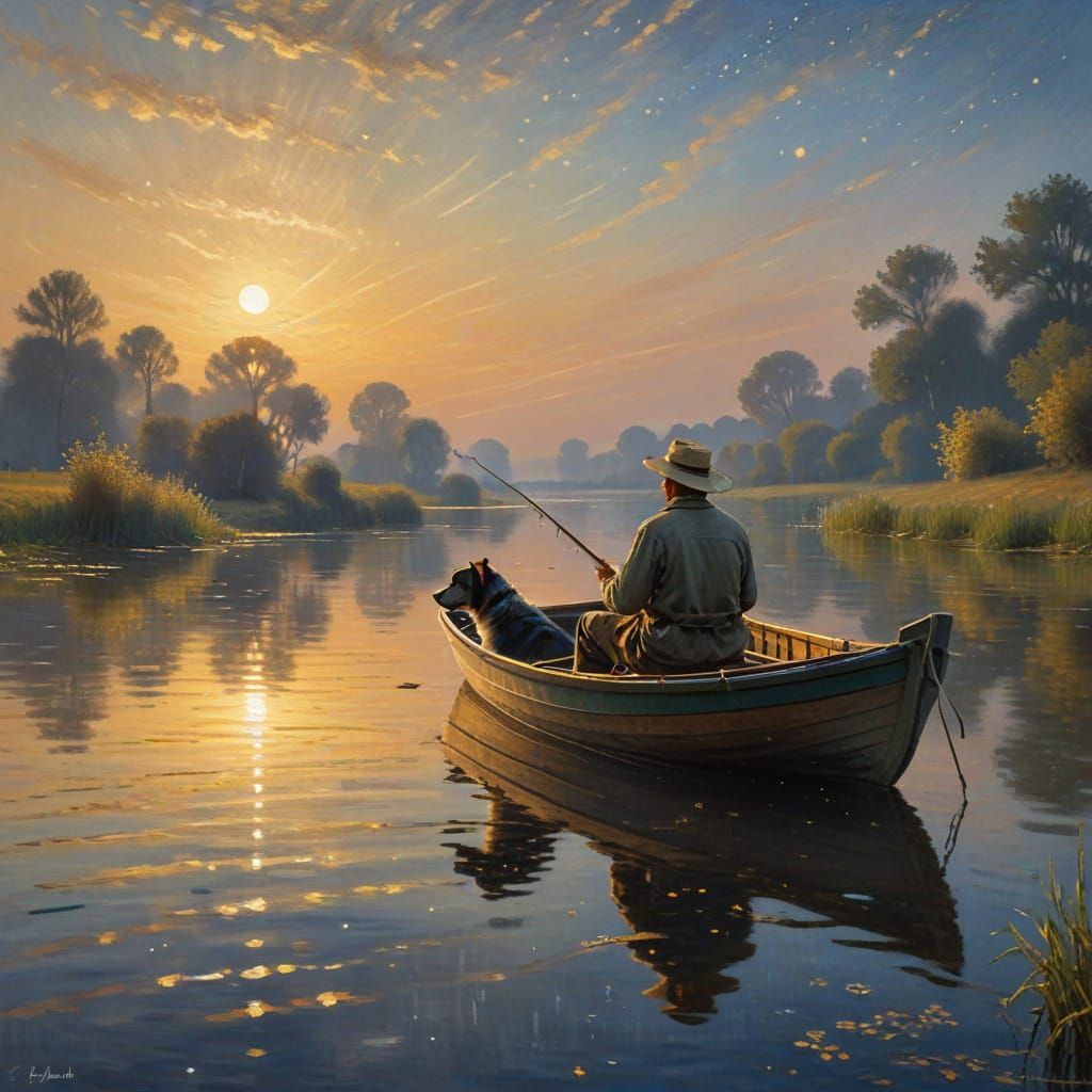 Serene Impressionist Scene of a Fisherman and Dog at Moonlit...