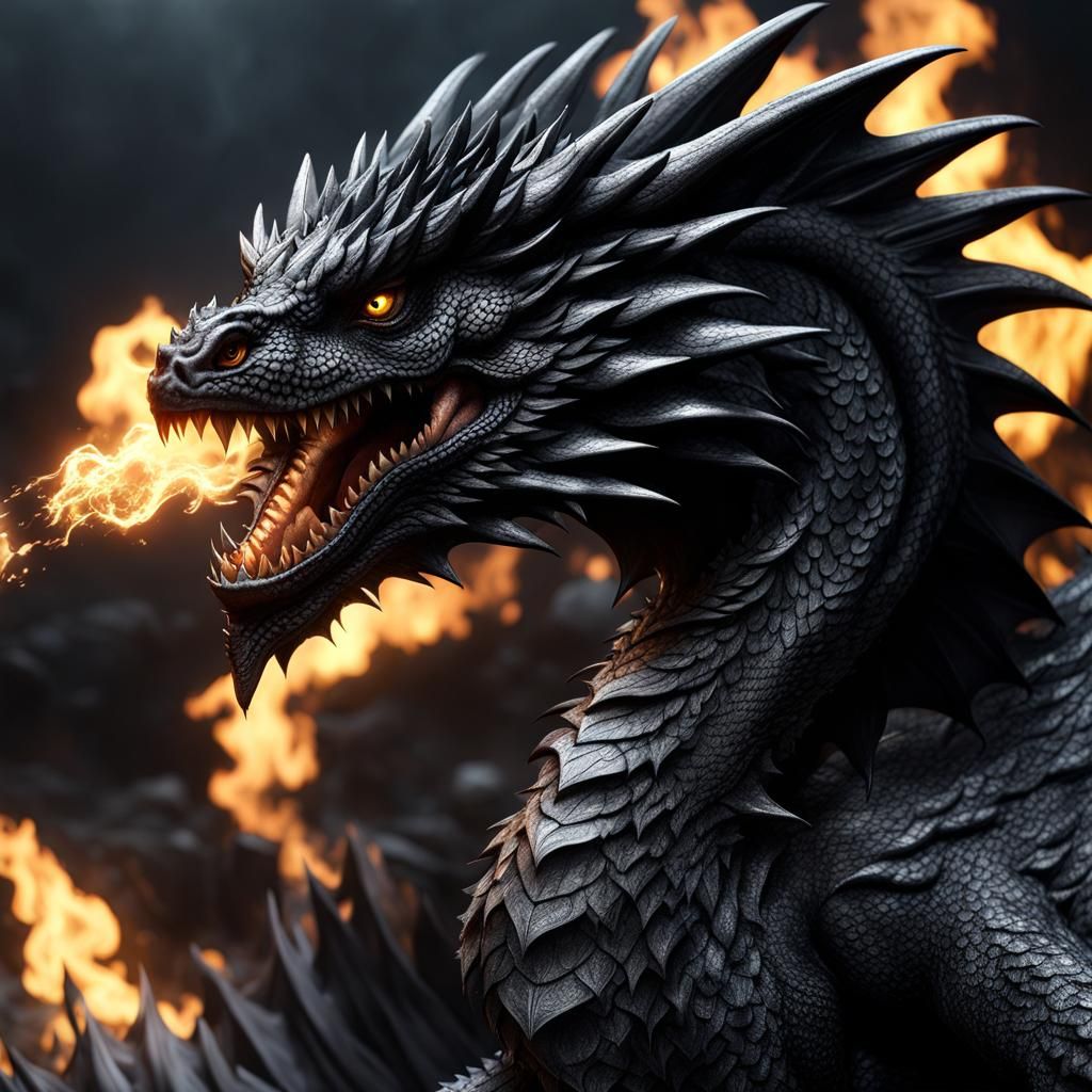 Detailed Black Dragon with Ethereal Flames in Dark Fantasy S...
