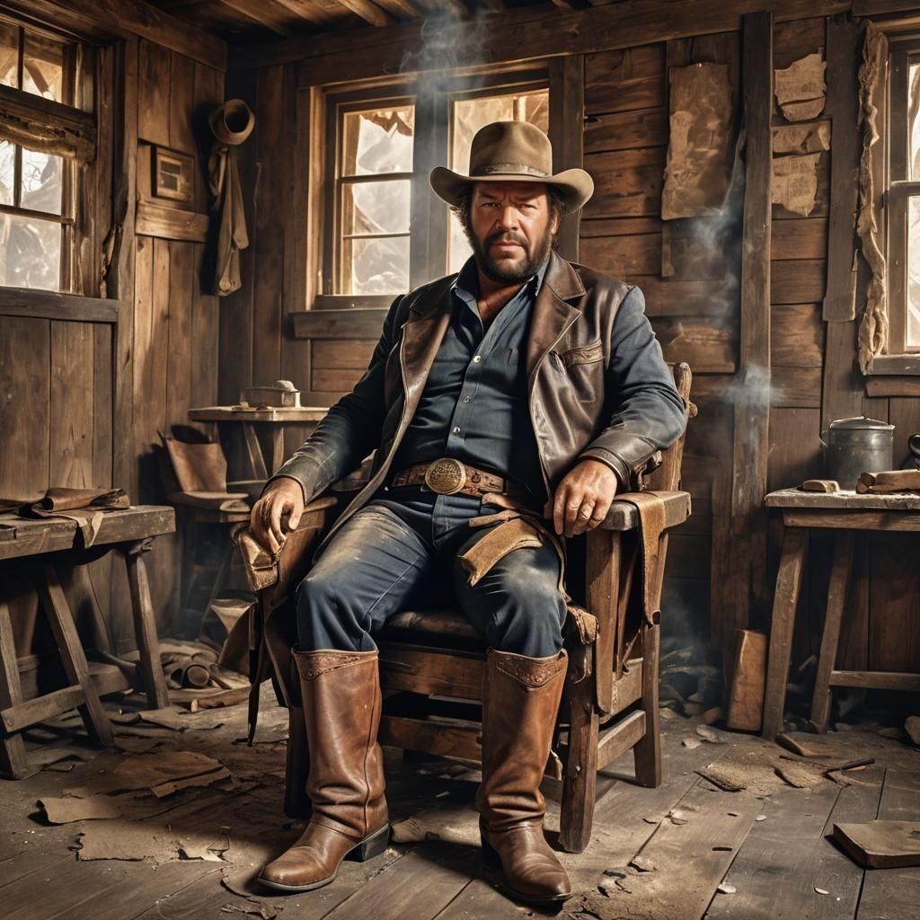 Bud Spencer as Cowboy, gunslinger, sitting on an old torn wo...