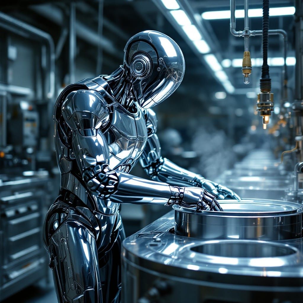Chrome Humanoid Robot Works in Futuristic Chrome Factory