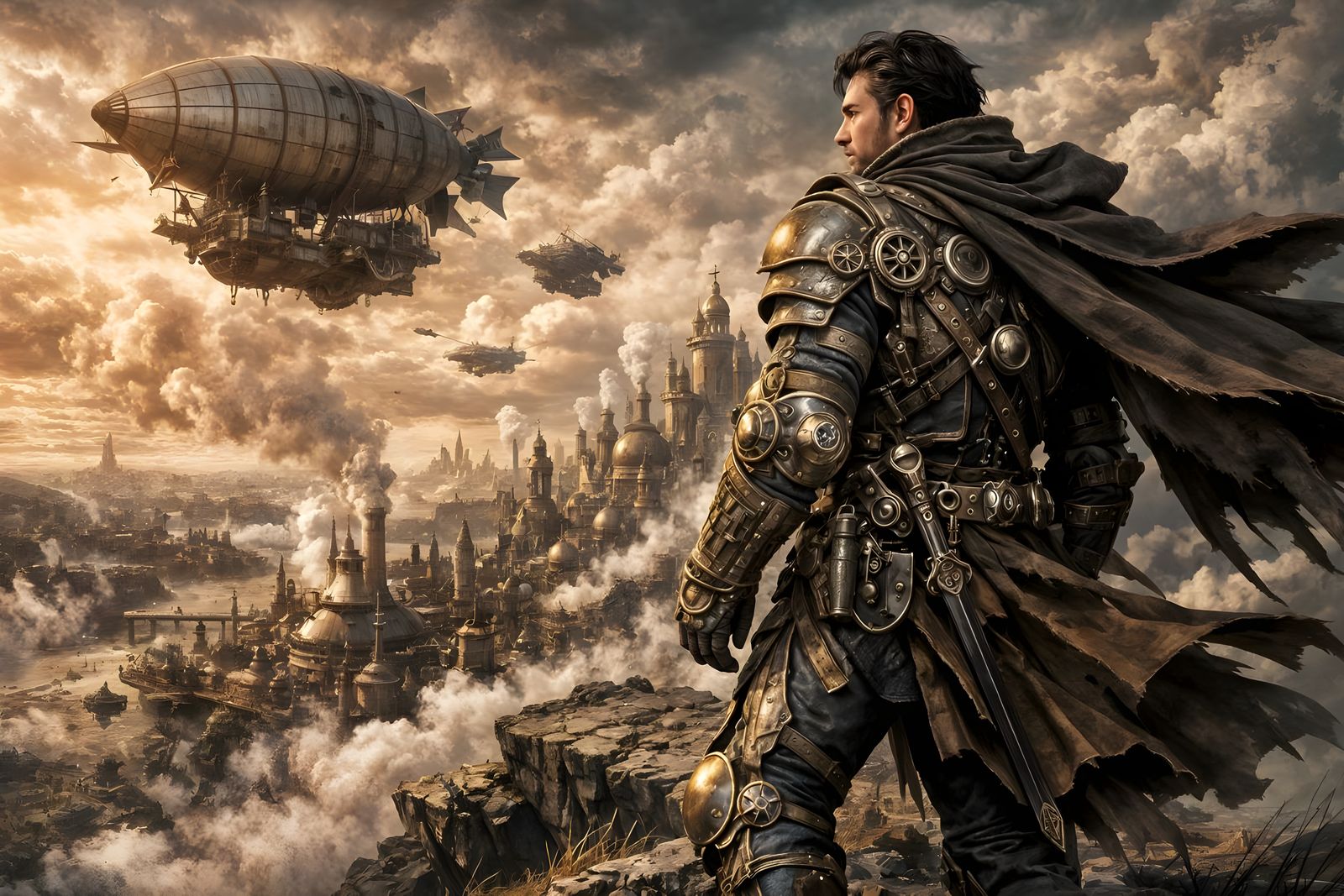 Steampunk Warrior Overlooking Fantasy City