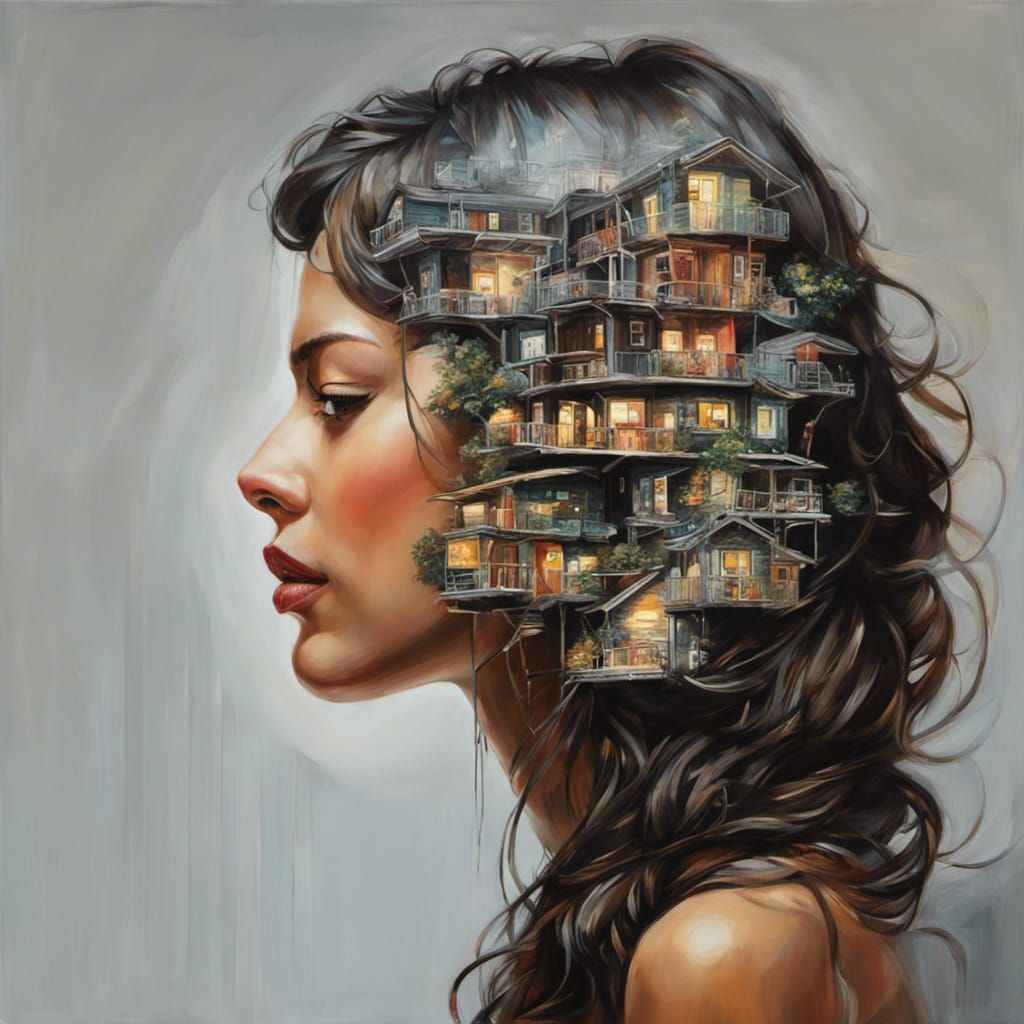 Dark Double Exposure: Woman of Tiny Houses