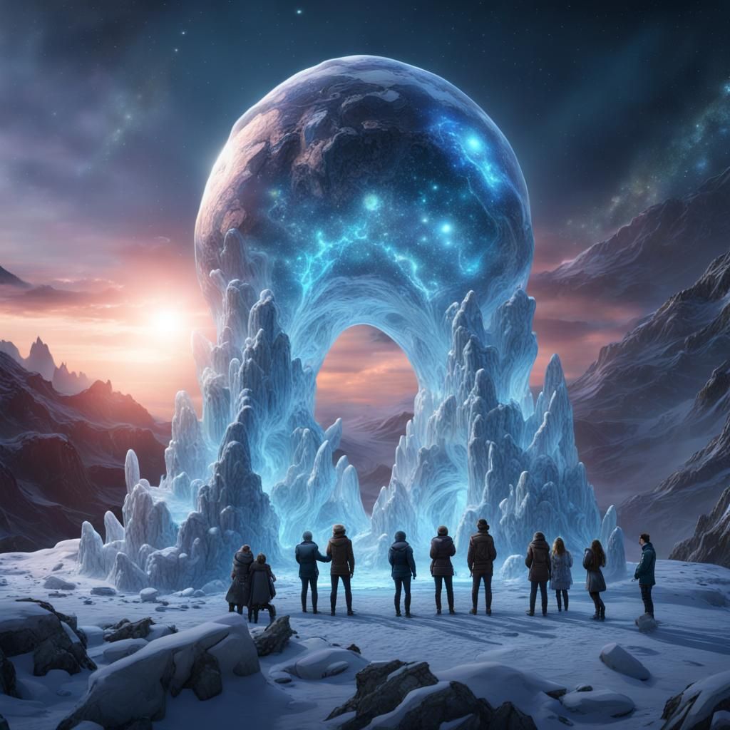 Alien Ice Sculpture Worship on a Mountain