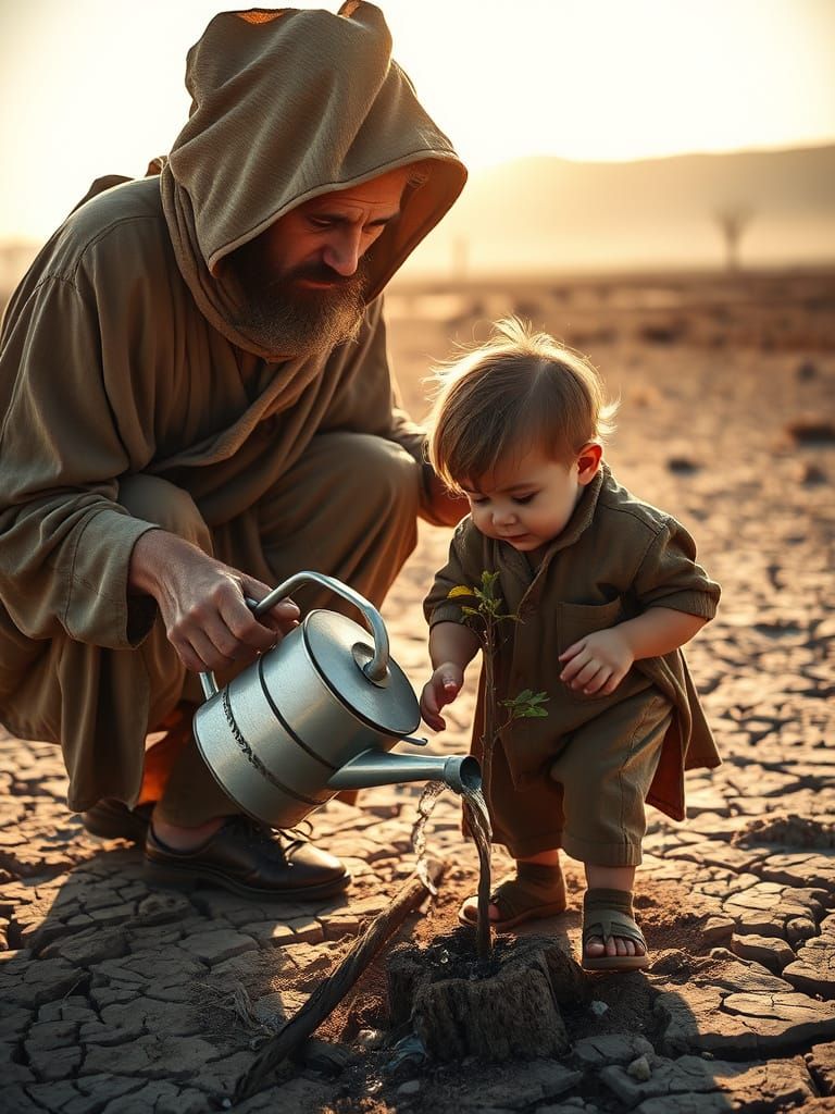 Hopeful Father and Child Watering Sapling