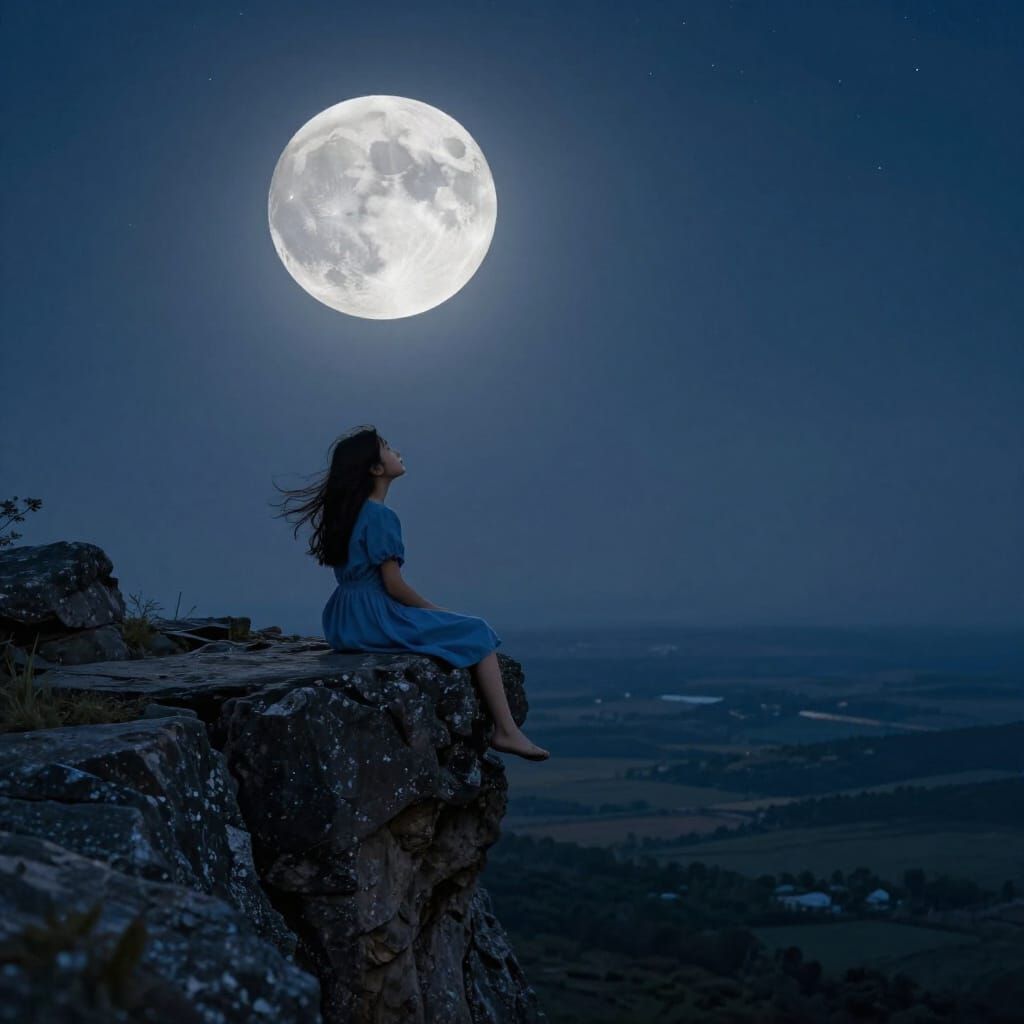Girl on Cliff Gazes at Luminous Moon in Romantic Style