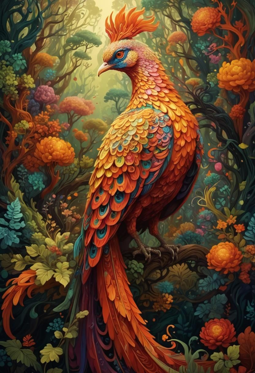 Vibrant Phoenix Bird in Fractal Forest Landscape