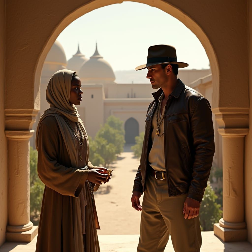 African American Woman and Indiana Jones in Ancient Shrine