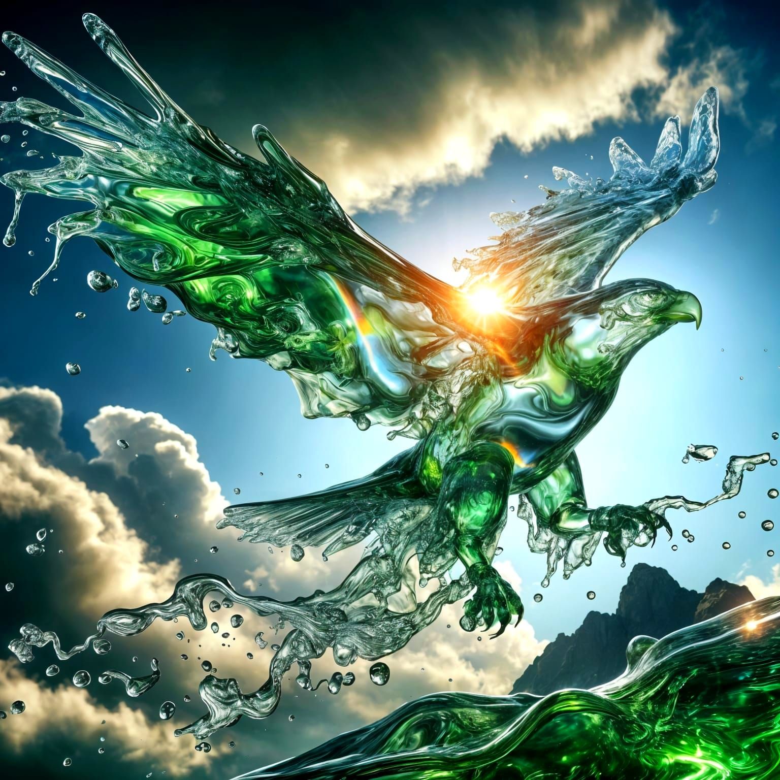 Emerald Water Eagle Soars Over Mountain Peak