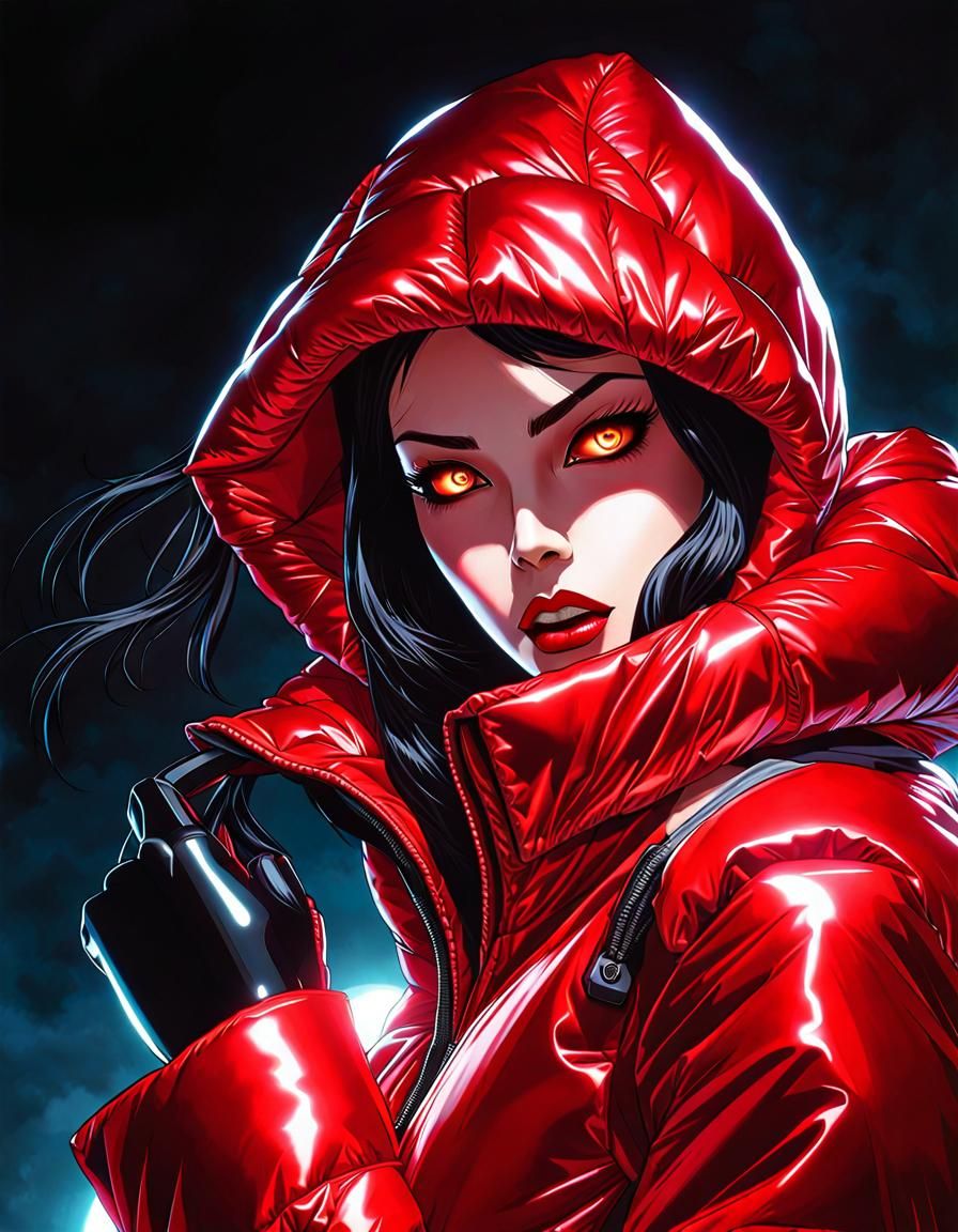 Evil Cyborg Woman in Red Puffer Jacket: Manga Scan