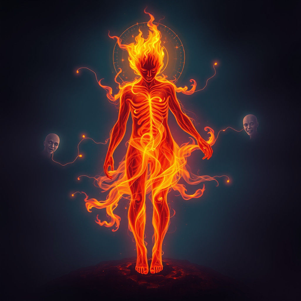 Dynamic Fire Figure in Ethereal Landscape