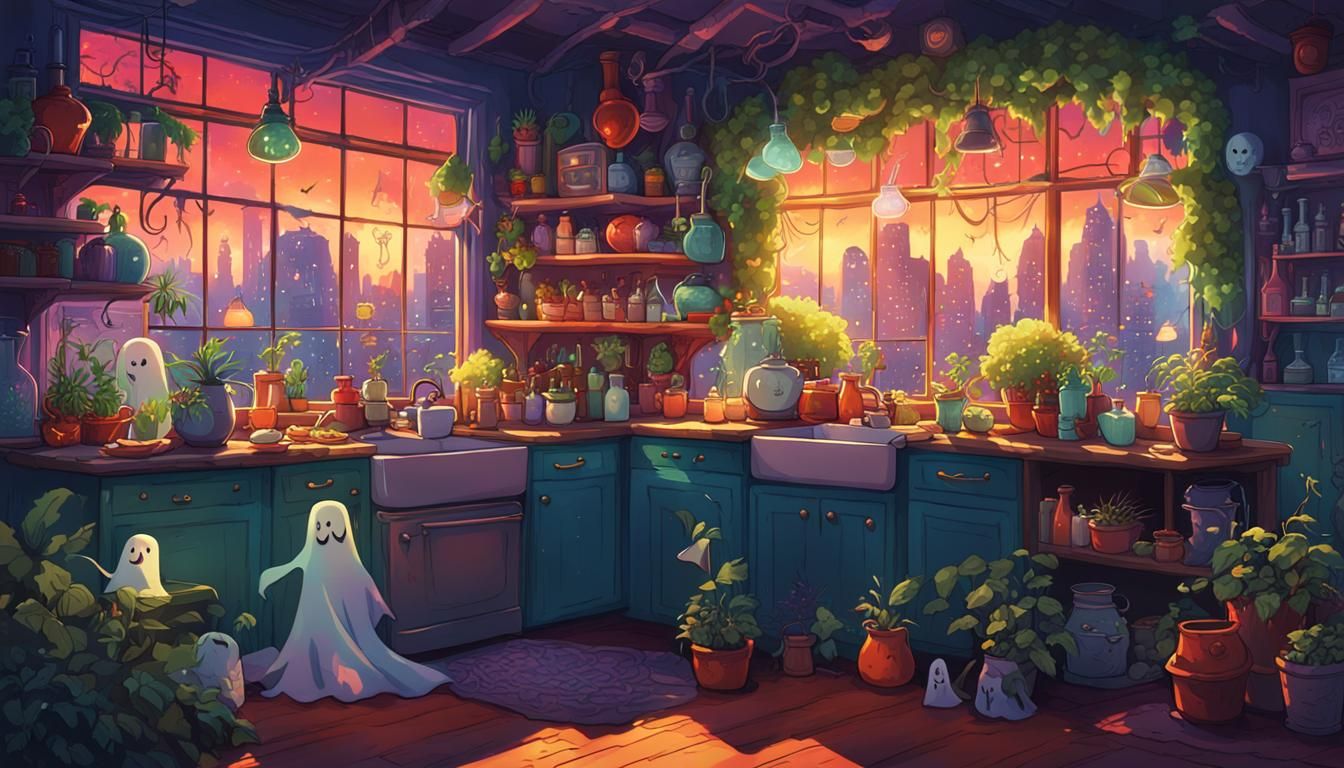 Happy Ghost in Whimsical Anime Kitchen