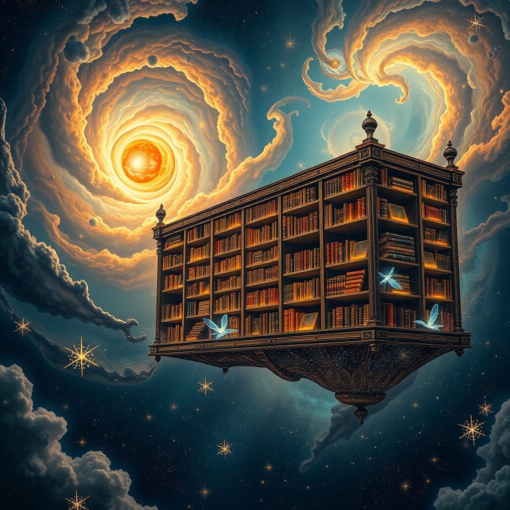 Celestial Library in Cosmic Surrealism Style