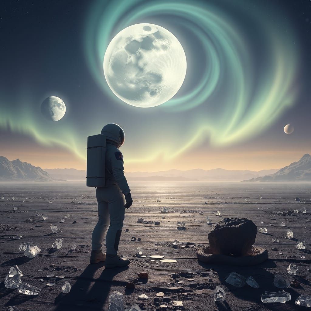 Astronaut Gazes at Alien Sky with Two Moons