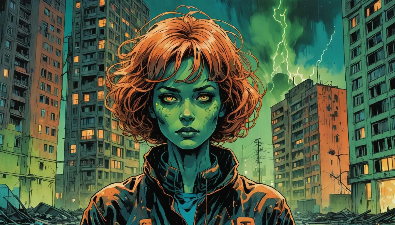 Girl with Copper Hair in Neon Sci-Fi Comic Art