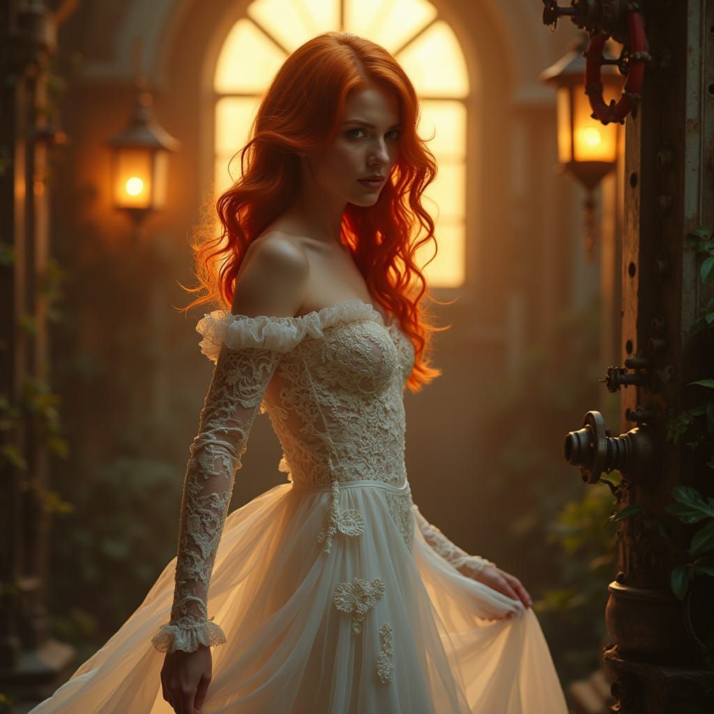 Elegant Steampunk Femme Fatale in Golden Hour Attire