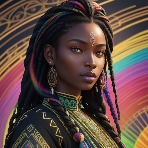 Beautiful Black Woman with Rainbow Fan in Digital Art