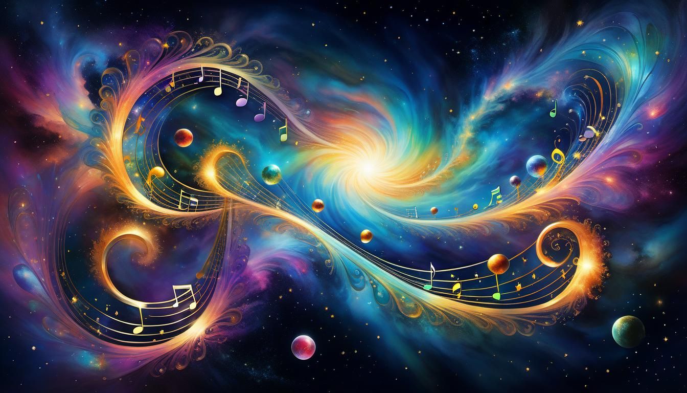 Cosmic Entity of Musical Notes in Surreal Iridescence