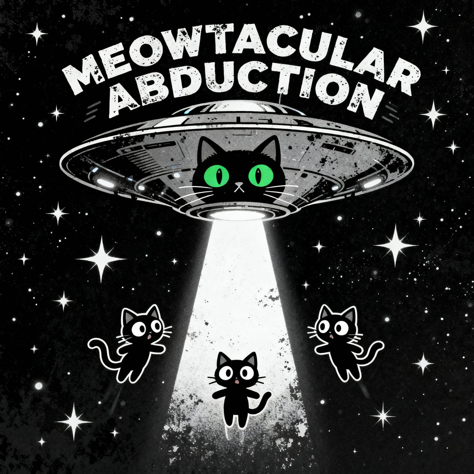 Cat UFO Abduction Graphic Design in 1950s Sci-Fi Style