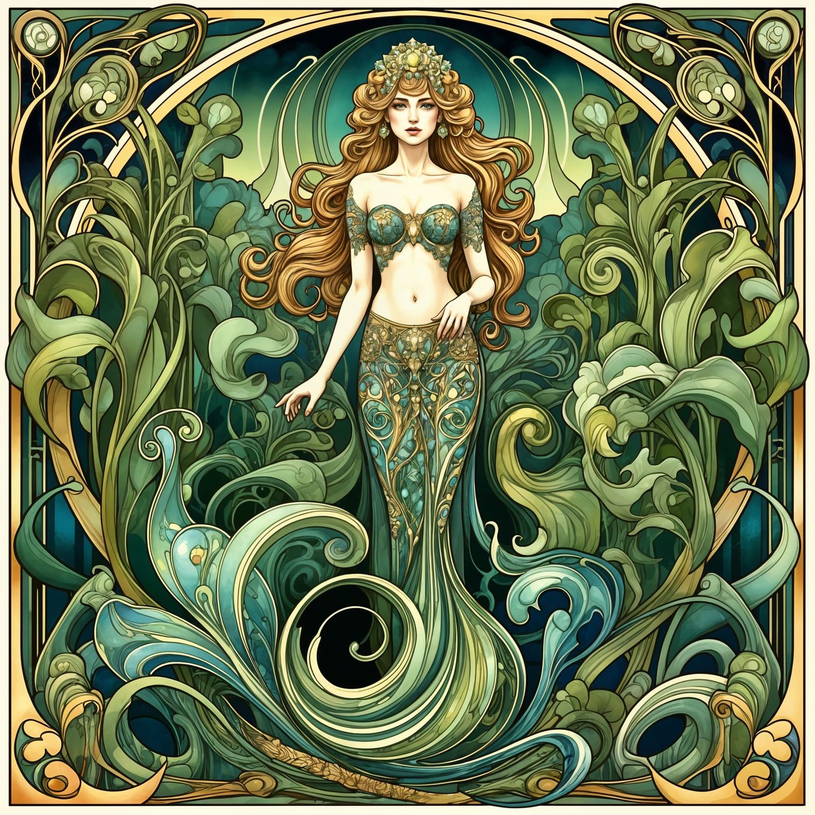 Art Nouveau Mermaid in Lush Kelp Forest