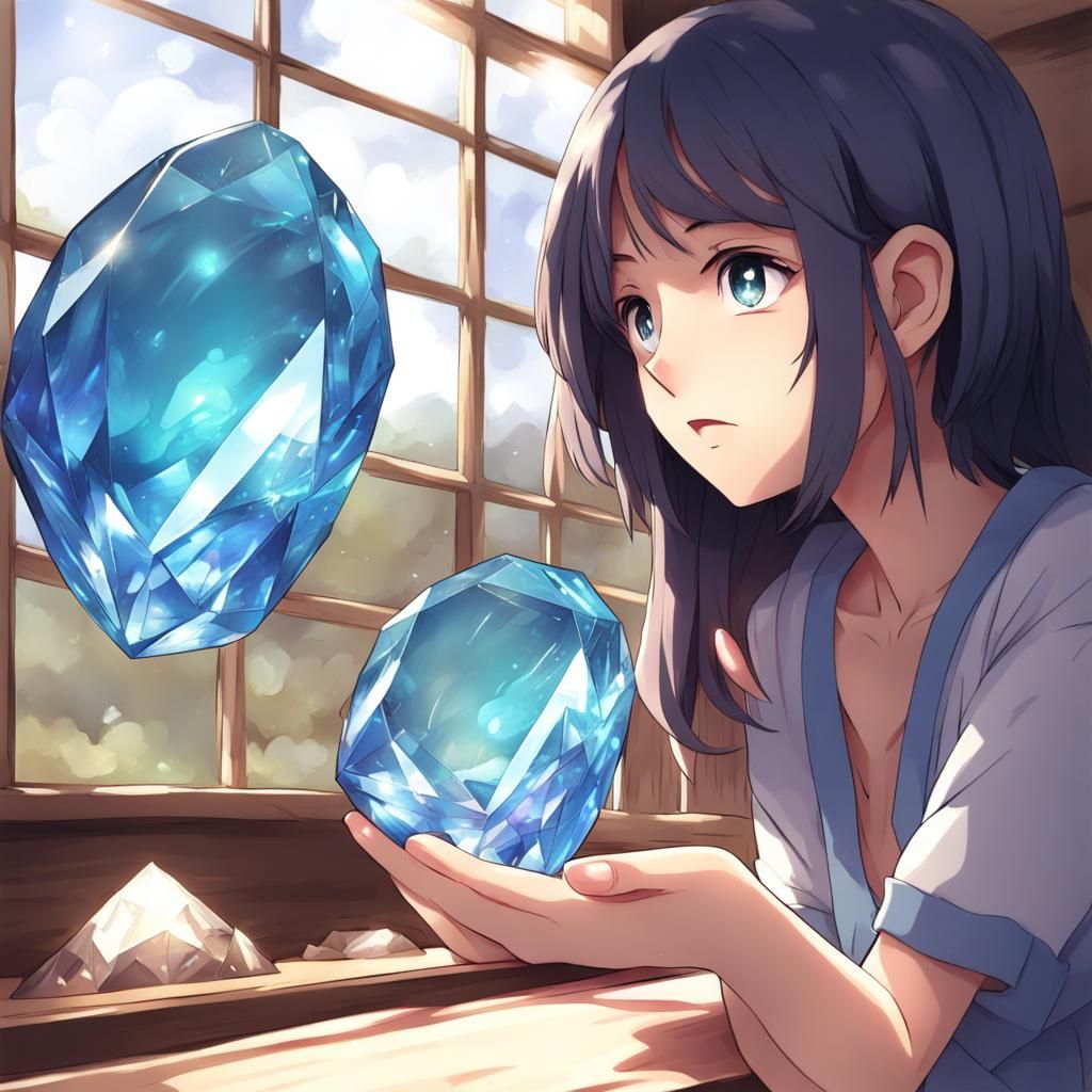 Girl Gazing at Gem in Anime Key Visual Style
