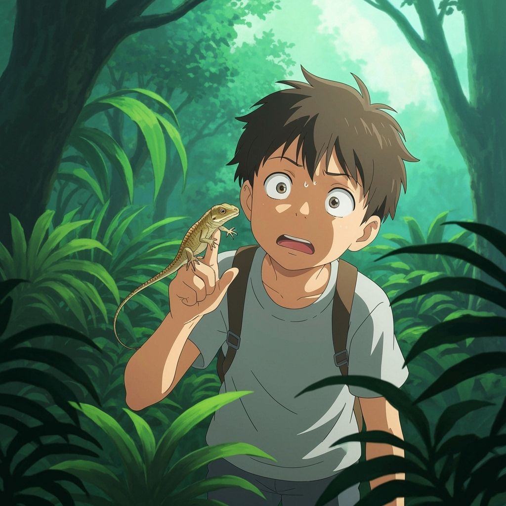 Anime Boy Startled by Lizard in Ghibli Style