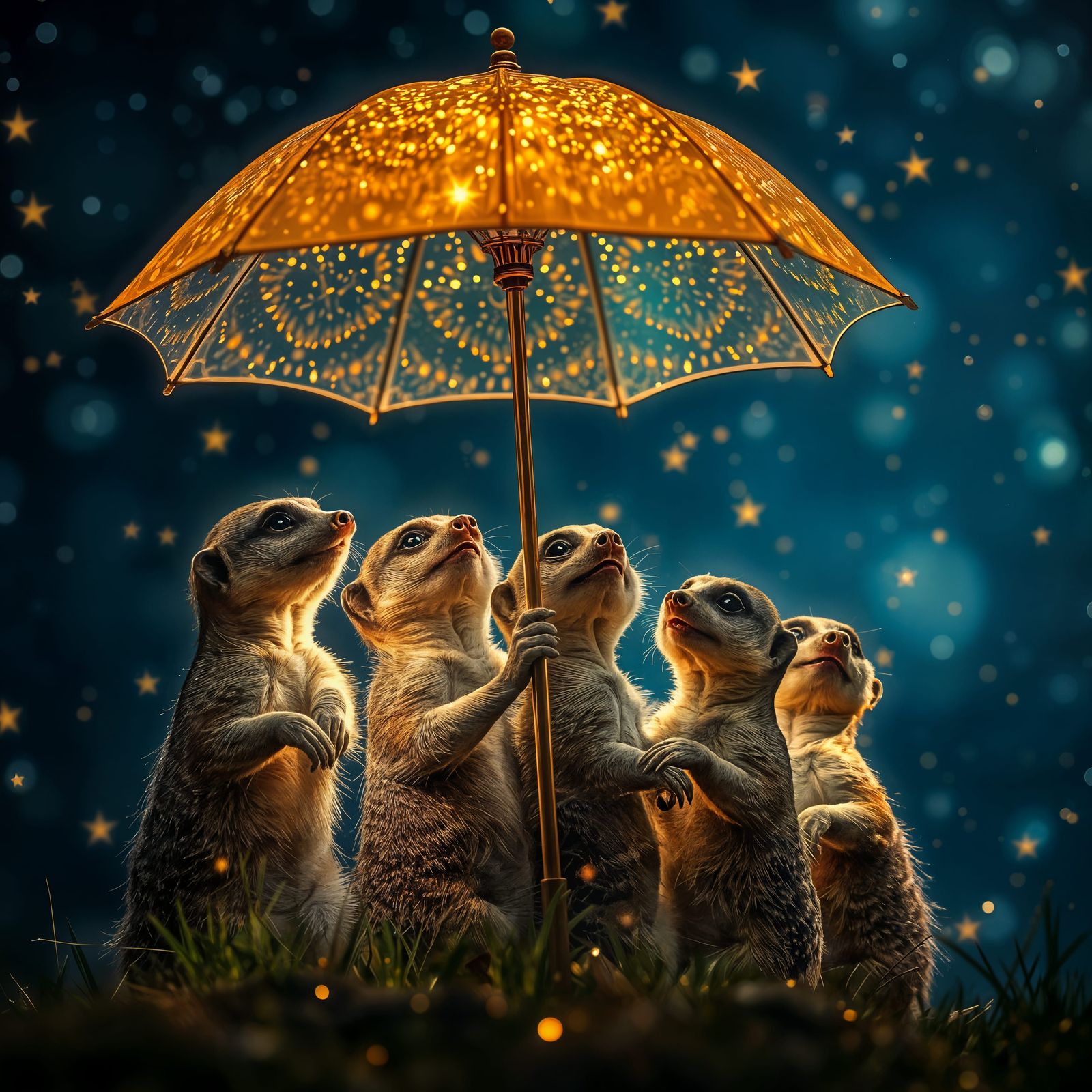 Stars Illuminating a Family of Meerkats Under an Ethereal Um...