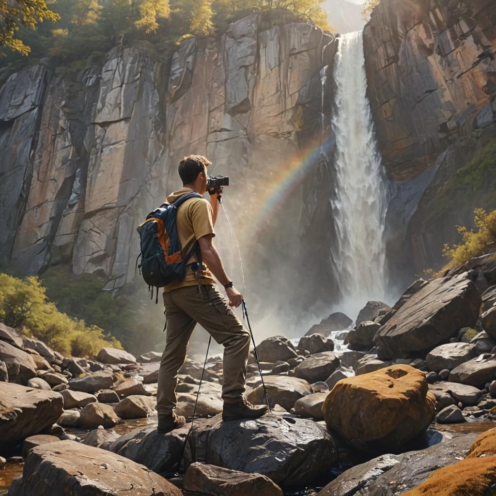 Hiker Photographing Waterfall: Vibrant Oil Painting