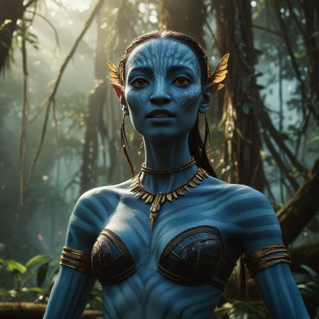 Radiant Na'vi Goddess in Tribal Attire, Shimmering with Ethe...