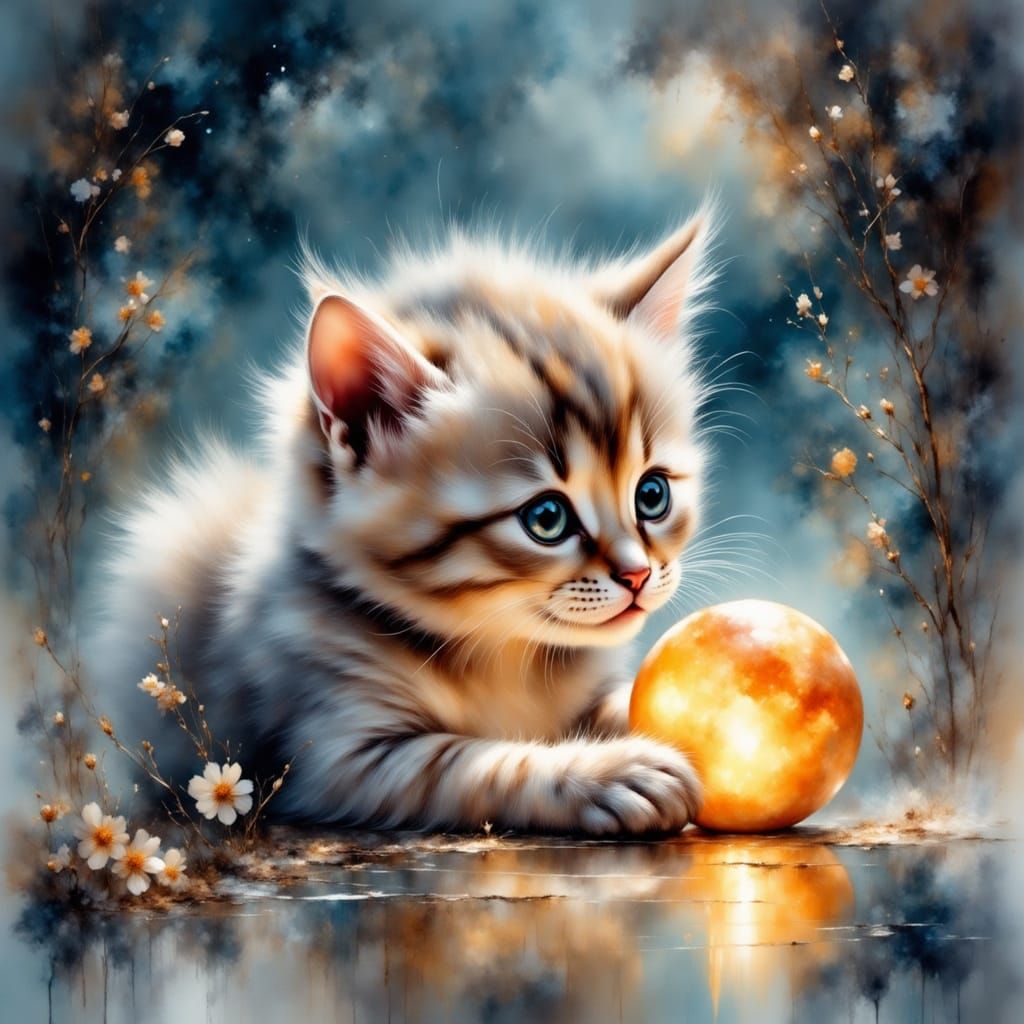 Kitten Playing with Moon: Hyper-Realistic Illustration