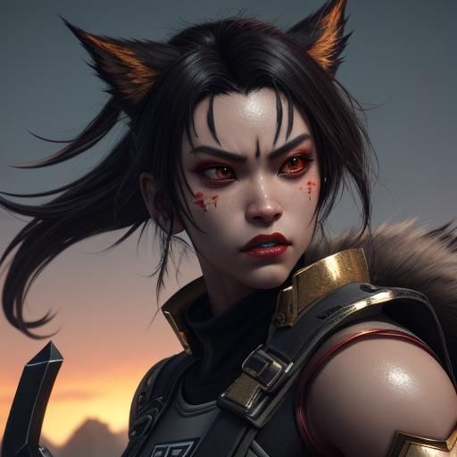 Fierce Anime Werewolf Girl in Sunset Colors