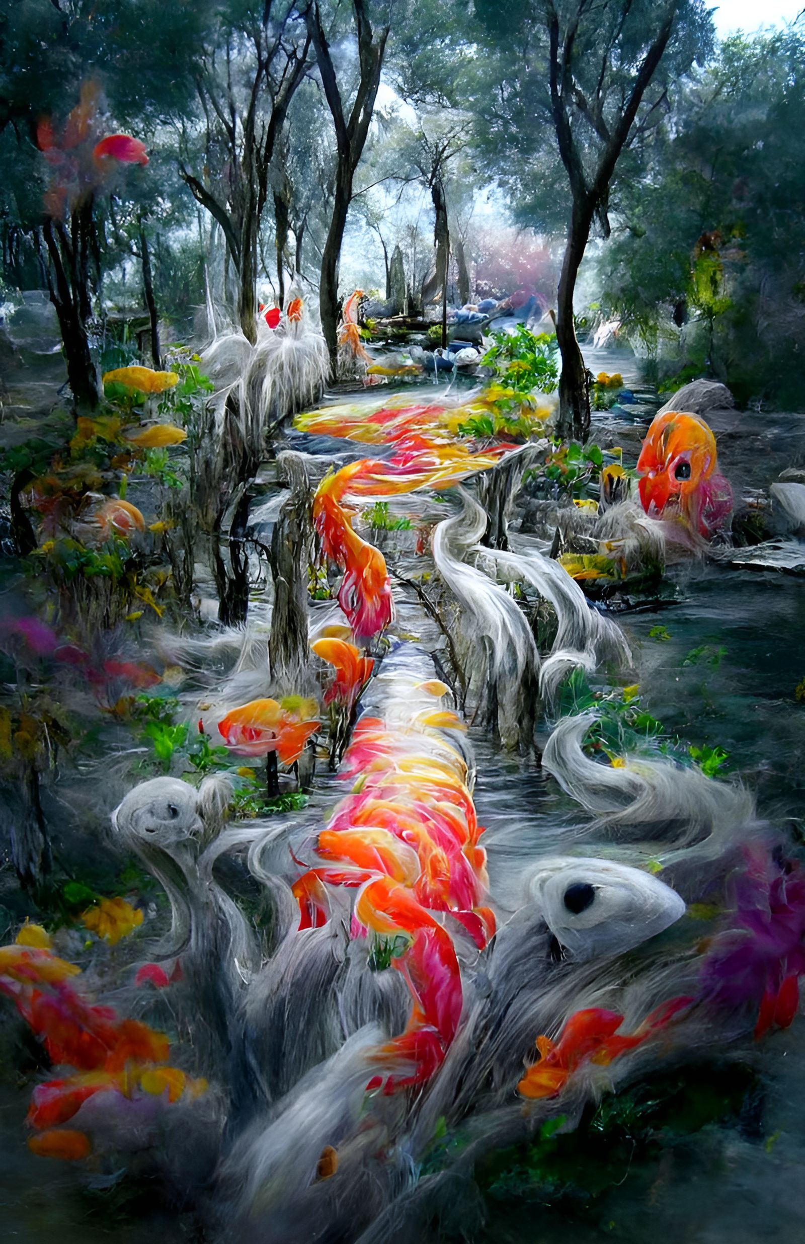 Koi River in Wispy Ghost Forest: Psychedelic Art Deco