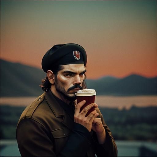 1.7 che guevara drinks coffee with strawberry pie, morning, detailed