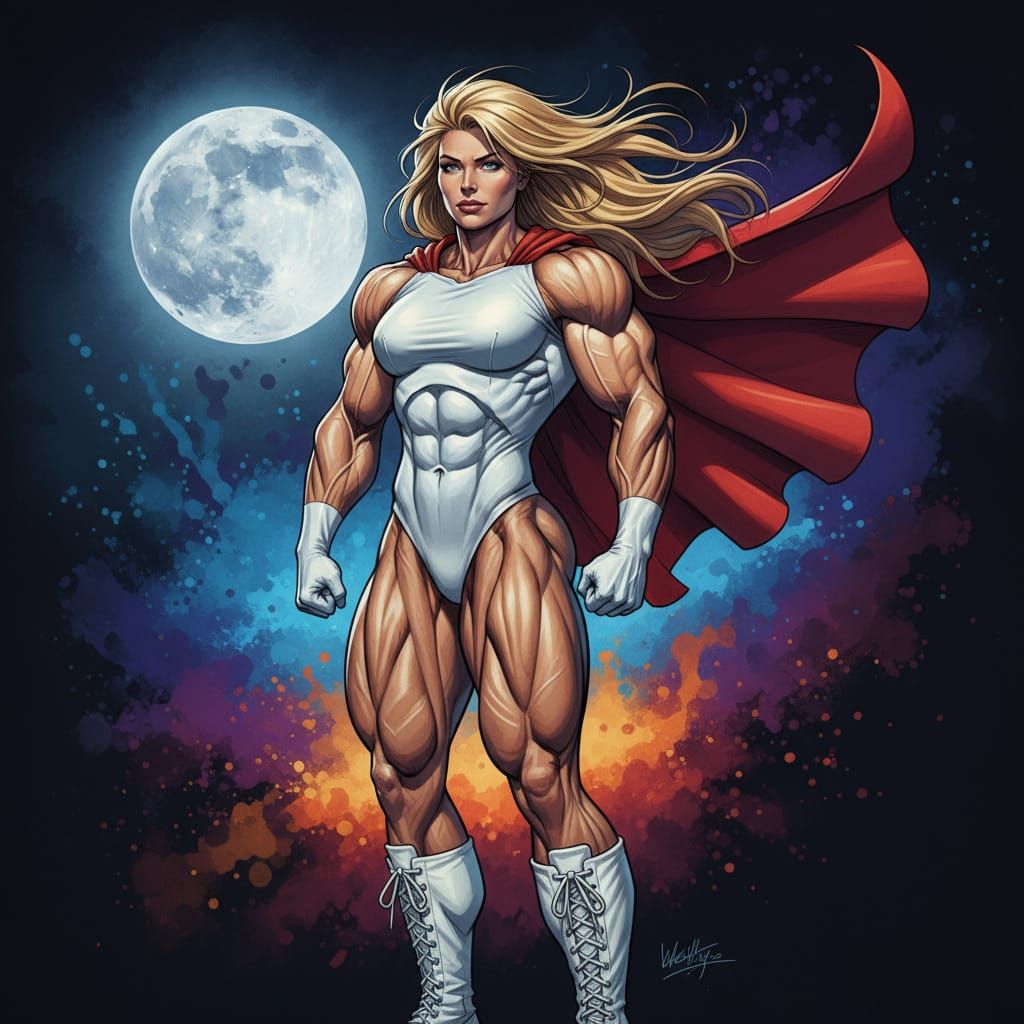 Powergirl with Huge Muscles in Dramatic Night Scene