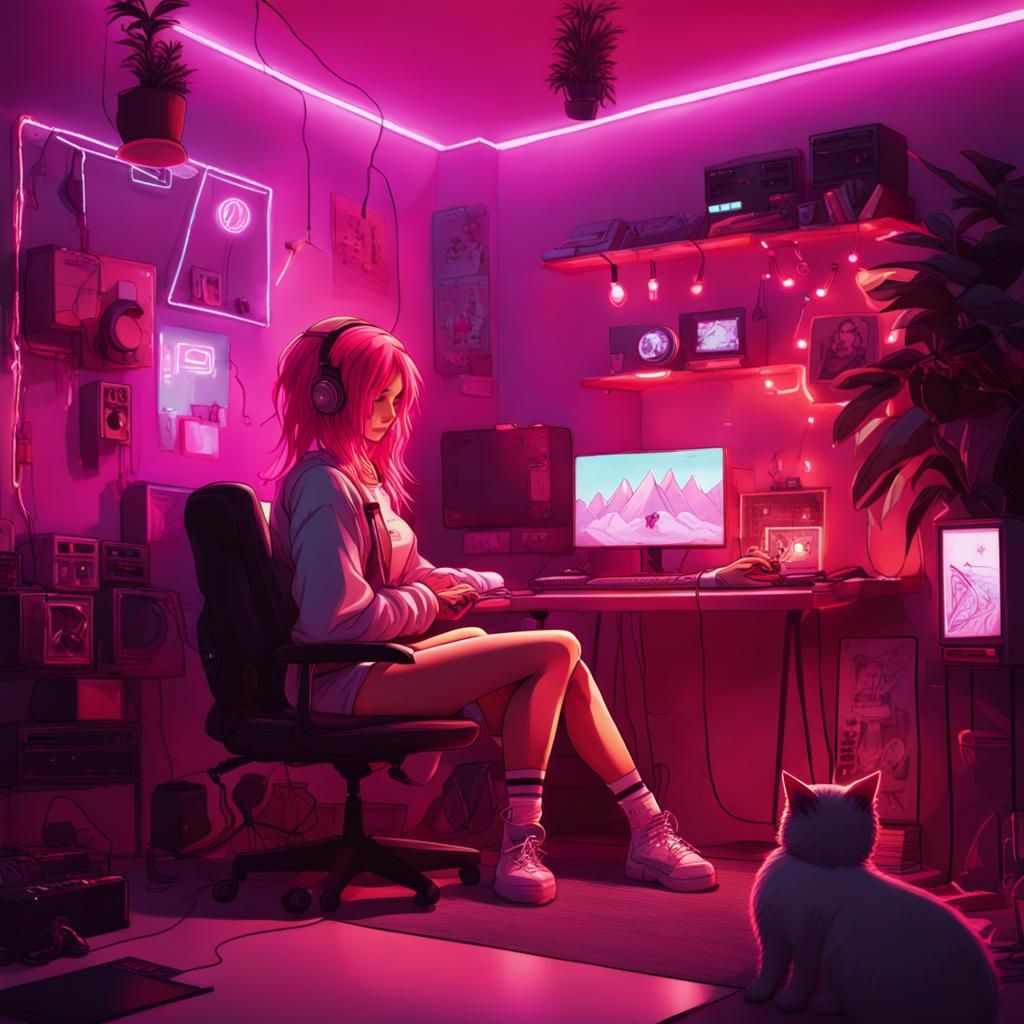 Cozy Synthwave Gaming Room with Pink-Haired Girl