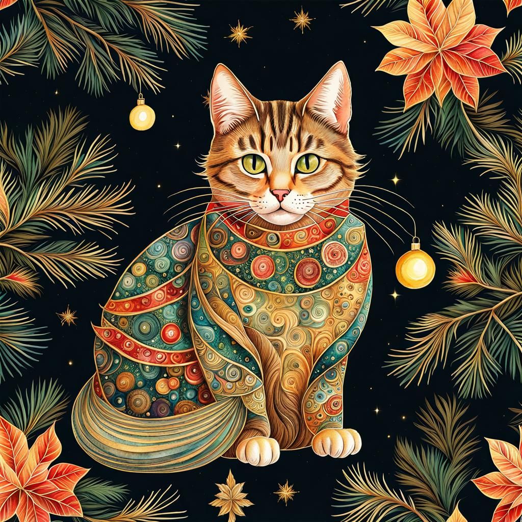 Christmas Cat in Watercolor Zentangle Style