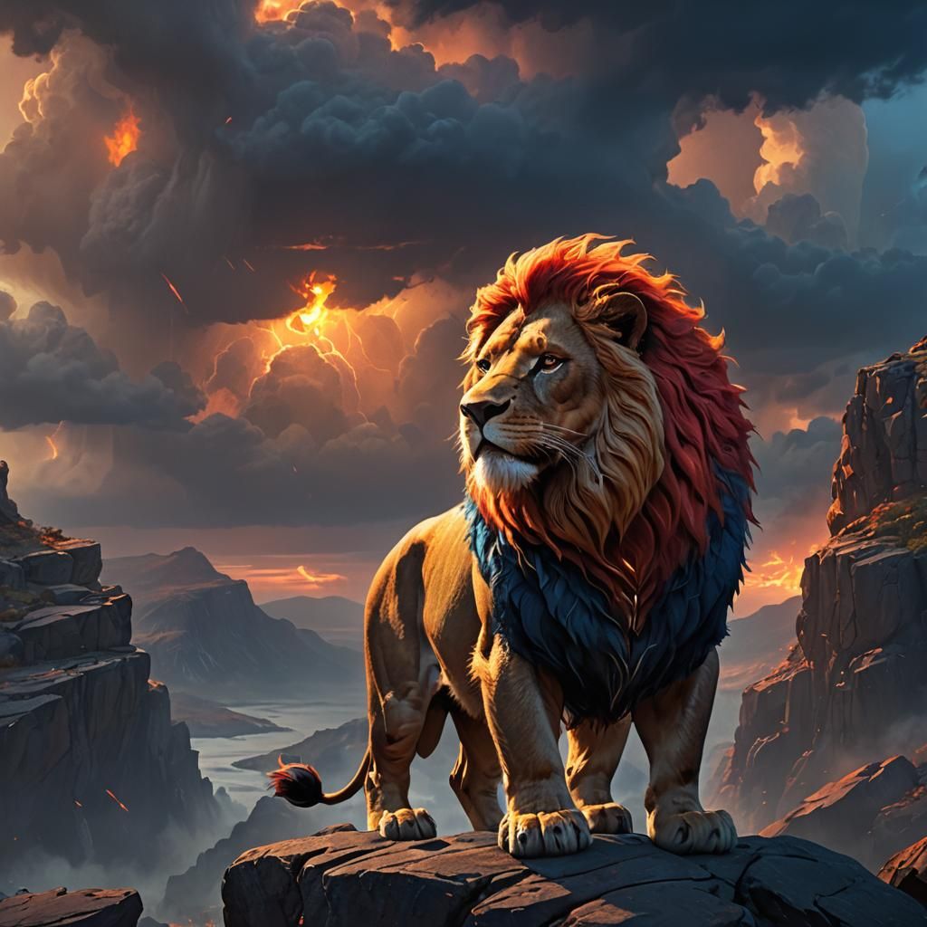 Fiery Lion King on Rocky Cliff: Digital Art