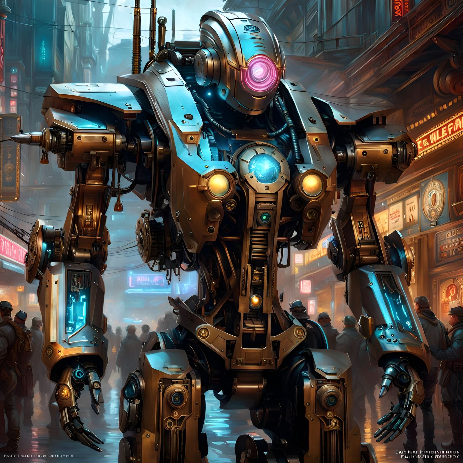 Cyberpunk Robot Warrior with Steampunk Enhancements