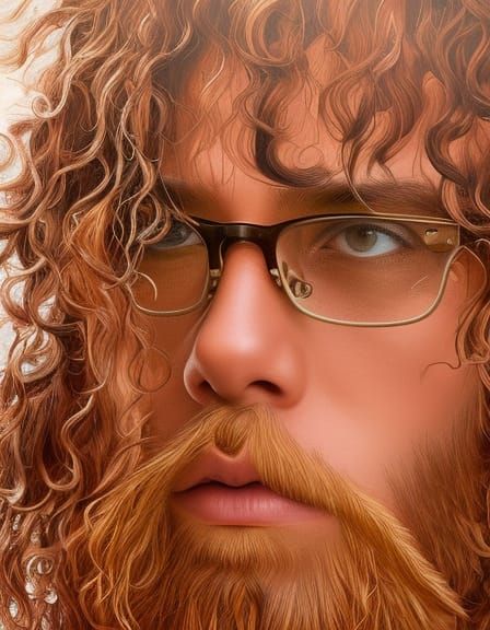 A portrait of a young man with curly hair, a brown cap and g...