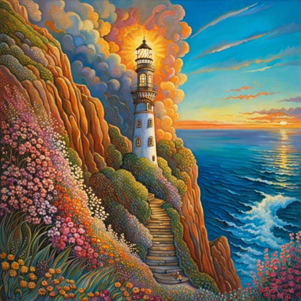 Lighthouse on Flowering Cliff at Sunset