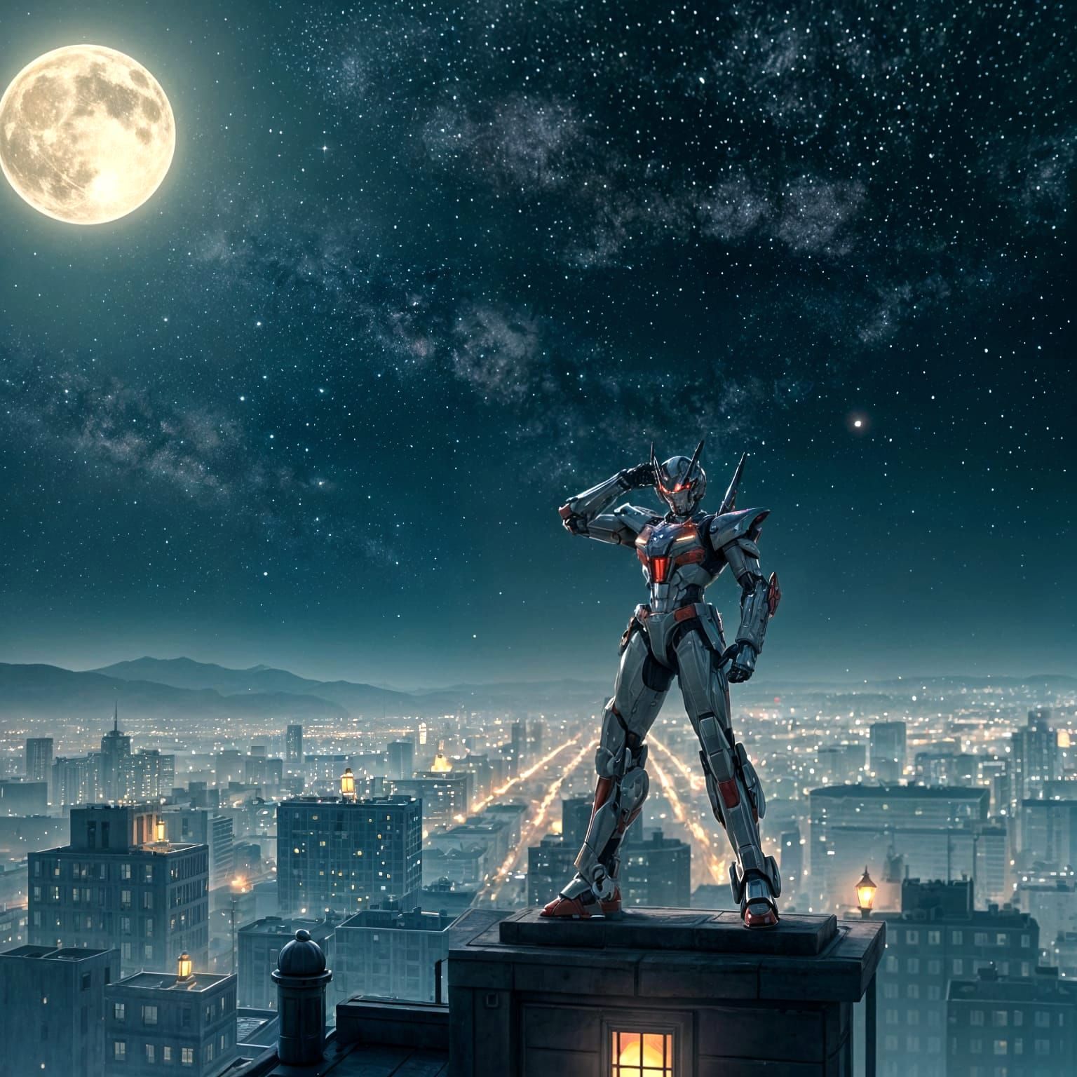 A contemplative anime-style mecha