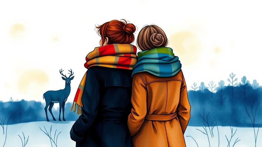 Winter Scene with Deer in Watercolor Style