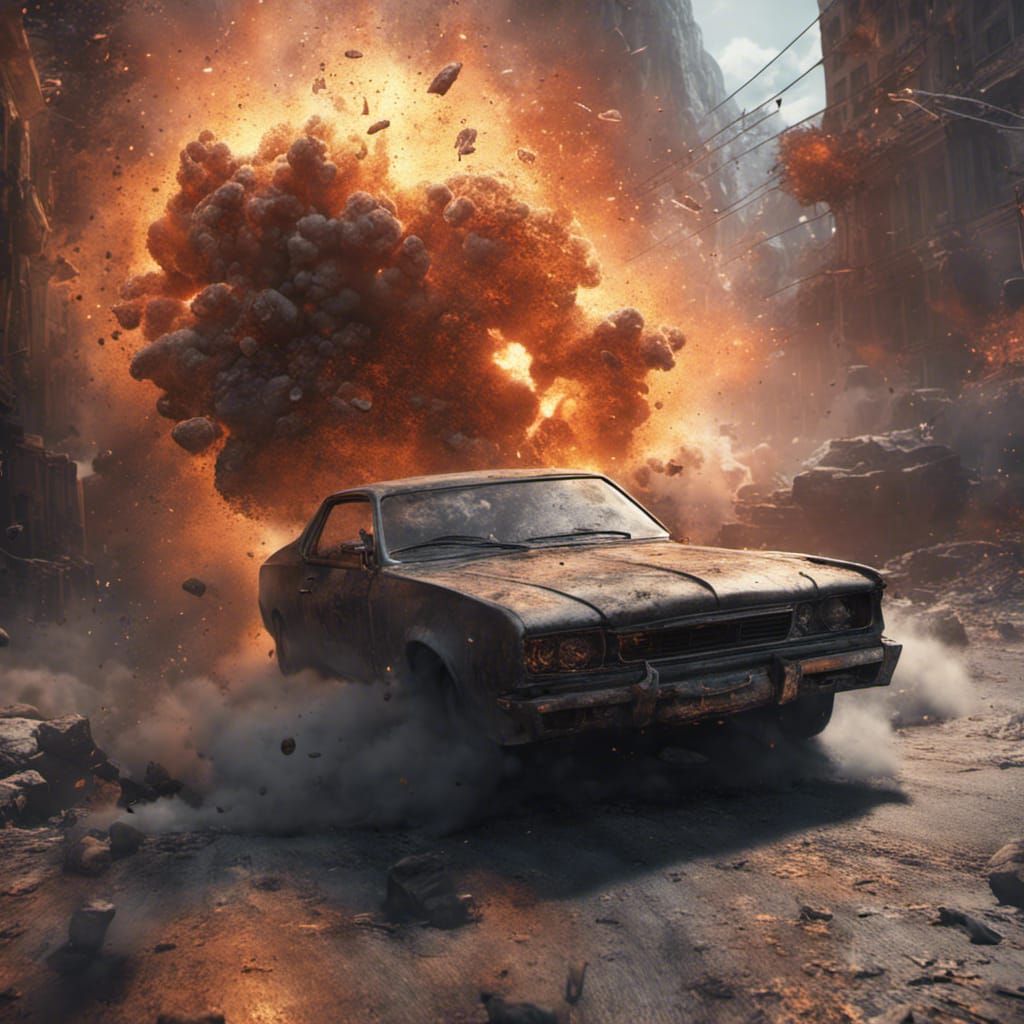 Explosive Car Chase: Detailed Fantasy Concept Art